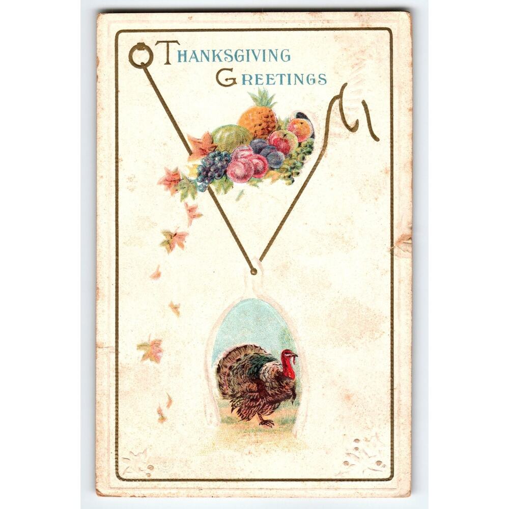 Vintage Thanksgiving Greetings Turkey Fruit Cornucopia Litho Postcard